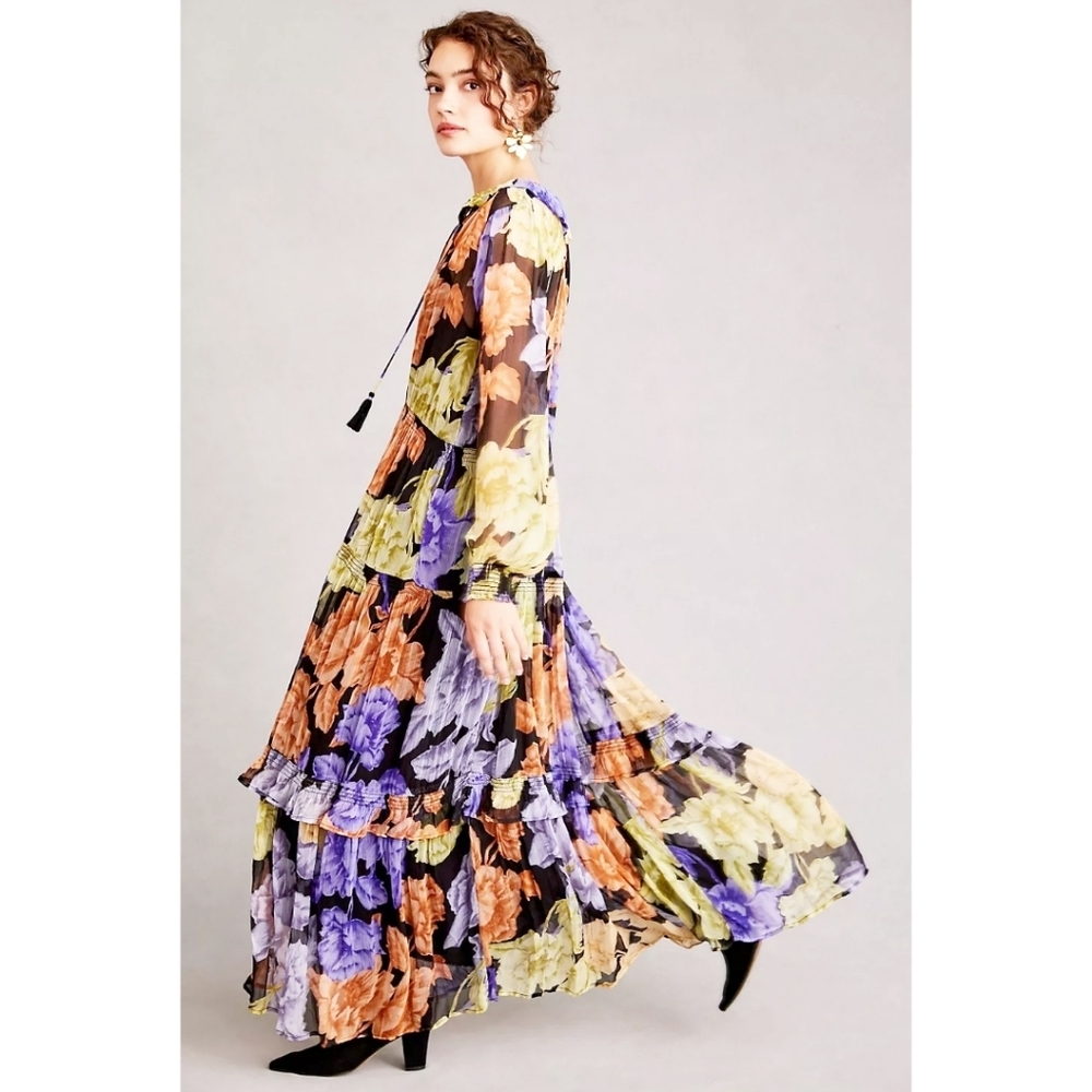 Anthropologie Marais Maxi Midi‎ Tiered Dress Printed Chiffon Orange